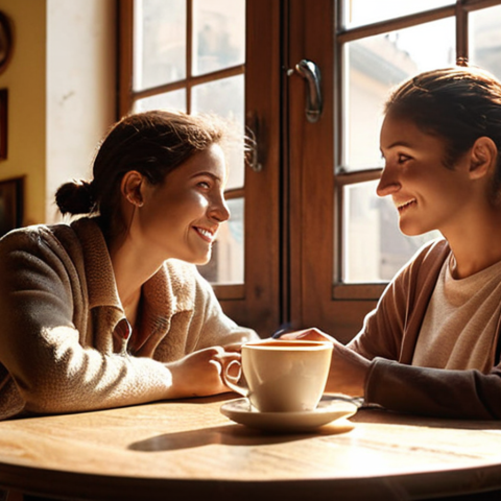 **

Prompt: A cozy Italian cafe setting. Two friends are deeply engaged in conversation, one listening attentively to the other. Sunlight streams through the window, illuminating dust motes dancing in the air. A half-finished cappuccino sits on the table. The atmosphere is warm and inviting, promoting authentic connection. Focus on capturing a genuine moment of empathy and active listening.

**