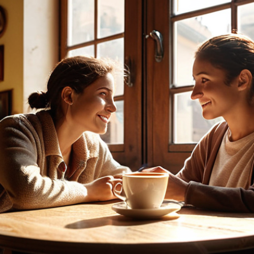 Home 15 **
Prompt: A cozy Italian cafe setting. Two friends are deeply engaged in conversation, one listening attentively to the other. Sunlight streams through the window, illuminating dust motes dancing in the air. A half-finished cappuccino sits on the table. The atmosphere is warm and inviting, promoting authentic connection. Focus on capturing a genuine moment of empathy and active listening.
**