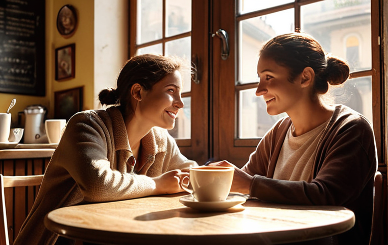 **
Prompt: A cozy Italian cafe setting. Two friends are deeply engaged in conversation, one listening attentively to the other. Sunlight streams through the window, illuminating dust motes dancing in the air. A half-finished cappuccino sits on the table. The atmosphere is warm and inviting, promoting authentic connection. Focus on capturing a genuine moment of empathy and active listening.
**