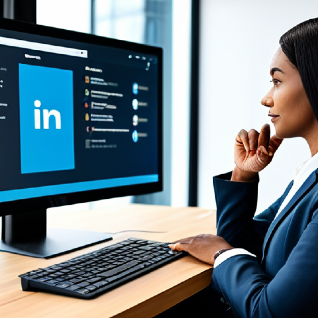 A professional, diverse individual, fully clothed in a modest business suit, seated at a sleek desk in a modern, well-lit co-working space. The individual is focused on a large monitor displaying multiple professional networking platforms like LinkedIn and a virtual event interface, with subtle digital lines indicating connections. The atmosphere is collaborative and productive. perfect anatomy, correct proportions, natural pose, well-formed hands, proper finger count, natural body proportions, professional dress, appropriate attire, safe for work, appropriate content, family-friendly, high quality, professional photography.