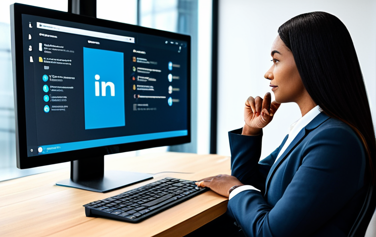 A professional, diverse individual, fully clothed in a modest business suit, seated at a sleek desk in a modern, well-lit co-working space. The individual is focused on a large monitor displaying multiple professional networking platforms like LinkedIn and a virtual event interface, with subtle digital lines indicating connections. The atmosphere is collaborative and productive. perfect anatomy, correct proportions, natural pose, well-formed hands, proper finger count, natural body proportions, professional dress, appropriate attire, safe for work, appropriate content, family-friendly, high quality, professional photography.